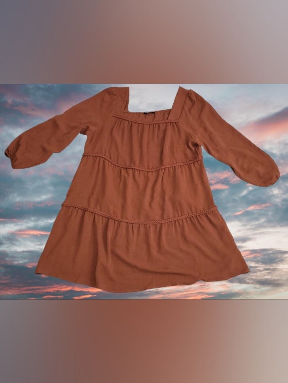 Bloomchic Rust Orange Tiered Mini Dress, Babydoll, Box Square Neckline, Sz 14-16
